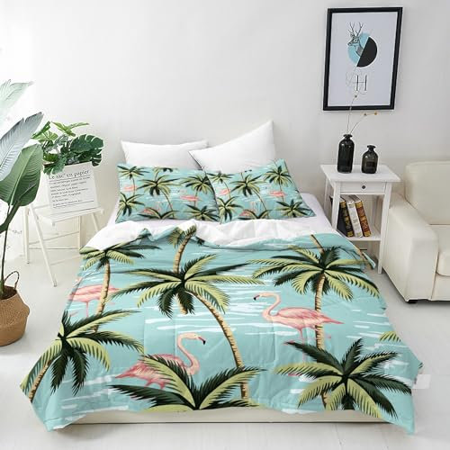 ANHOPE Tropisch Flamingo Palmblatt Bettwäsche Set Weich Microfaser Bettbezüge mit Reißverschluss 2 Teilig Bettbezug 135x200 cm & Kissenbezug 80x80 cm Ganzjahres Bettdeckenbezug Set