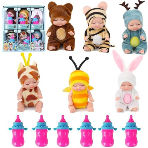 Cerkkapo Mini Baby Puppe,6 Stück Babypuppe mit 6 Flaschen,Reborn Puppen MiniPuppe,Newborn Reborn Baby,Waschbares MiniBabypuppen,BabyMiniPuppen Set für Kinder Geburtstag