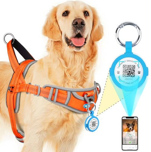 ThinkPet Hundegeschirr für große Hunde ohne Zug mit QR Code, AirTags Holder Smart ID Tags, verstellbar, reflektierend und atmungsaktiv, mit Front-Clip Griff für die Ausbildung XL Orange