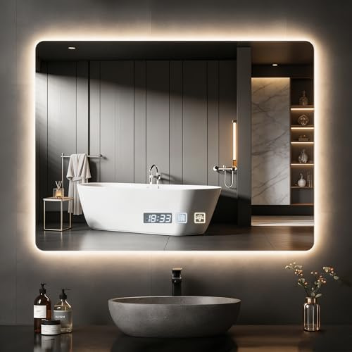 Hondony Miroir de salle de bain carré de 60 x 80 cm avec lumières LED et interrupteur tactile double, coiffeuse murale, antibuée, lumière réglable de 3 couleurs, miroir antibuée avec rétroéclairage