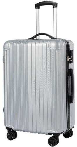 ABISTAB Koffer Trolley Mittelgroß 66x45x27cm, Hartschalen Reisekoffer mit 4 Rollen & Zahlenschloss, leicht Handgepäck Koffer, Silber