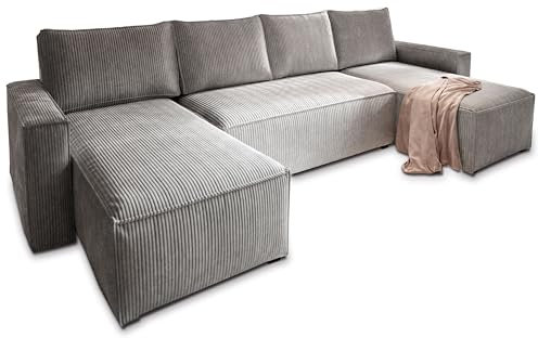 Masseno Ecksofa ASPRA mit Schlaffunktion U-Form, Sofa mit Bettkasten, Wohnzimmersofa, Couch, Soffa, Bettsofa, Couchgarnitur- Hellgrau, POSO 55
