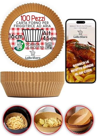 100 Pz Carta Forno Friggitrice ad Aria Antiaderente - 16cm Monouso Rotonda - Carta da Forno per Friggitrice ad Aria con Ricettario E-Book - Resiste fino a 220 Gradi di Temperatura - Antigrasso