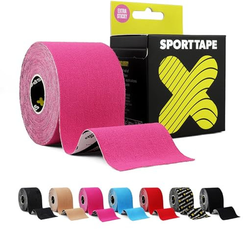 SPORTTAPE Extra Klebriges Kinesiologie-Tape, 5 cm x 5 m – Rosa | Hypoallergenes, Wasserfestes Sports Tape | Physio Medizinisches Sport-Tape bei Muskelverletzungen, Unterstützung | Ungeschnitten