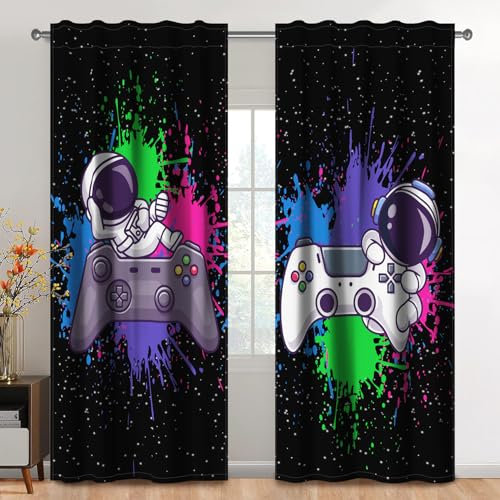 Kzzfqxb 117x138cm Kids Curtains 2 Panels, Black Colorful Astronauts Spacemen on Gamepads Joysticks Drapes, Graffiti Cartoon Decor for Children Teens Boys Girls Bedroom Nursery Living Room