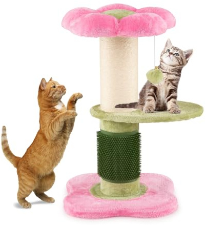 GOPLUS Árbol para Gatos de 69 CM de Altura, Pequeña Torre para Gatitos en Forma de Flor con Percha de Felpa Acolchada, Rascador de Sisal, Pelota Colgante y Cepillo, Parque para Mascotas (Rosa)