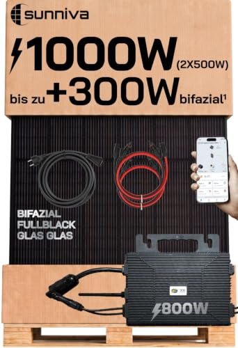 SUNNIVA® 1000W Balkonkraftwerk mit 800W Wechselrichter Astro-E, BIFAZIAL FULLBLACK komplett Steckdose, PV Solaranlage Komplettset mit 5 m Anschlusskabel und 4x 1m Solarkabel, 2x 500W N-Type Glas