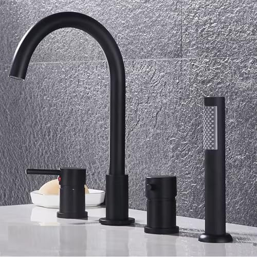 SHUGUANG Robinet de Baignoire 4 Trous, Pivotant à 360° Robinet de Bord de Baignoire Chaud et Froid de Laiton, Mitigeur Baignoire avec Douchette Extractible