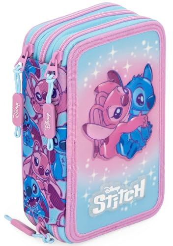 3-Fach Federmäppchen Mädchen Gefüllt für Stitch Fan – Schulmäppchen Set 46 Teile mit Radierbaren Stiften, Filzstiften, Buntstiften – ideal für Schule & als Geschenk 6-12 Jahre
