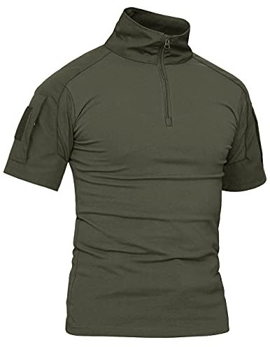 KEFITEVD T-Shirt Herren Taktisch 1/4 Reißverschluss Camouflage Shirt Ärmeltaschen mit Klett Army Uniform Flecktarn Outdoor Hemd Dunkeloliv L