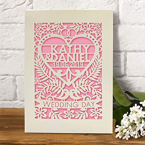 Personalised Wedding Card for Bride and Groom Laser Cut Greeting Cards Congratulations Wedding Day for Newlyweds with Envelopes Custom Gift Hand Finished in UK (Pink)