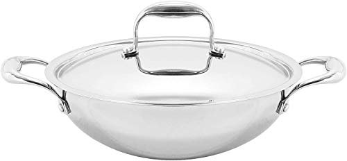 VINOD Platinum Triply Stainless Steel Cookware Wok Cooking Pan Deep Fry Kadhai with Lid (22 cm, 1.8 Liters, Induction Friendly, Silver)