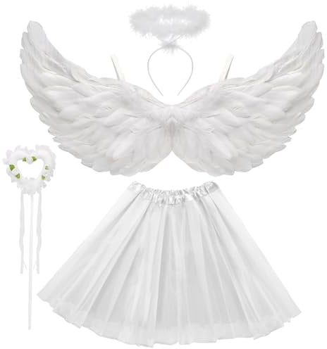 Engel Kostüm Damen Weiße, Tutu-Rock, Engel Flüge, Heiligenschein und Zauberstab, Engelsflügel Deko Kostüm Weiße Tutu-Rock, Weiße Flügel, Halloween Kostüme Karneval Party Cosplay Erwachsenes