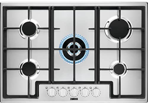 Zanussi ZGH76528XS Gaskochfeld, 5 Flammen, Wok-Brenner, Frontgriffe, Sofortwärme, elektronisch, Gusseisen, Sicherheits-Thermoelement, Anti-Fingerabdruck, Edelstahl, 75 cm