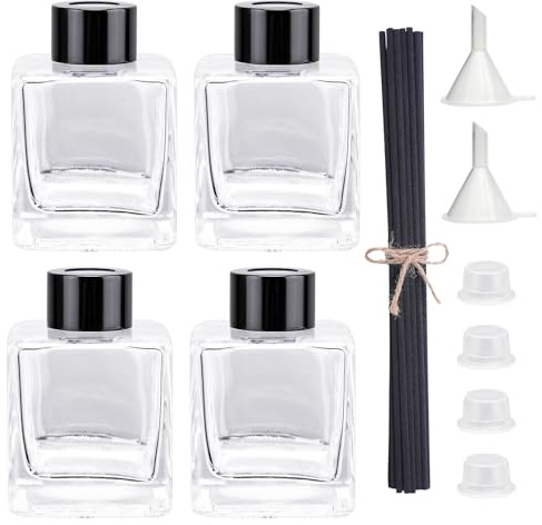 Agidea 4PCS Glass Diffuser Bottles, Refillable Diffuser Bottles Square Shape with 20pcs Reeds Sticks & Black Caps & Funnel, 3.66 High 150ml 5.29 fl oz. Diffuser Jars for Home Oil Fragrance Decoration
