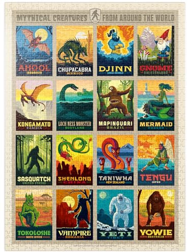 MyPuzzle Mythical Creatures from Around The World, Vintage Poster - Premium 1000 Piece Jigsaw Puzzle for Adults