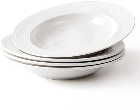NUTRIUPS 22cm Assiettes à Pâtes Lot de 4, 250ml-8oz Assiette Creuse, 8.5'' Assiettes à Soupe en Porcelaine à Rebord, Convient à Micro-ondes et Lave-vaisselle