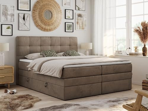 MKS MEBLE King Boxspringbett 160x200 cm, Polsterbett mit 2 Bettkästen, Bett mit Multipocket-Matratze H3, inkl. Topper T25, Kopfteil - Luka - Braun Velvet