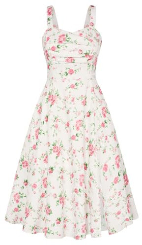 Belle Poque Robe midi plissée sans manches pour femme style années 1950, motif floral rose, L