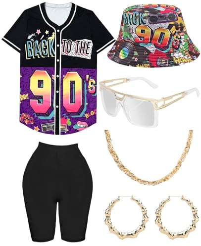 90er Jahre Outfit Leggings Damen mit Accessoires, Hip Hop Kostüm Lange Lockere Oberteile Yoga Hose Fischerhüte Gläser Ohrringe Halskette, 80s 90s Bunte Rapper Shirt Schlagermove Mottoparty Bad Taste
