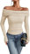 TrendiMax Womens Long Sleeve Off Shoulder Sexy Tops Ruched Elegant Shirts Knit Slim Fitted Blouse T Shirt Beige