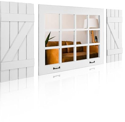 GBtroo Window Pane Mirror Wall Decor with Shutters, XXL Farmhouse Decorative Wall Mirror, Vintage White