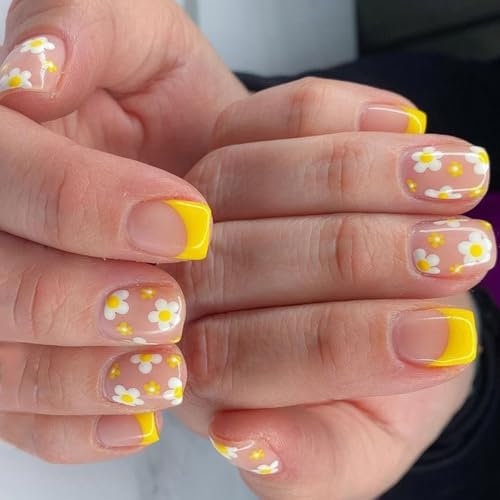 Lot de 24 faux ongles carrés courts en acrylique à coller sur les ongles - Jaune