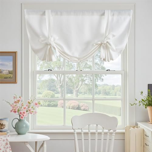 Vangao Raffrollo Raffgardine Scheibengardinen Weiß Modern Bistrogardine 1er Set 107B x 114Hcm mit Stangendurchzug Leinenoptik Landhaus Gardine kurz für küche Wohnwagen Küchengardine Halbtransparent