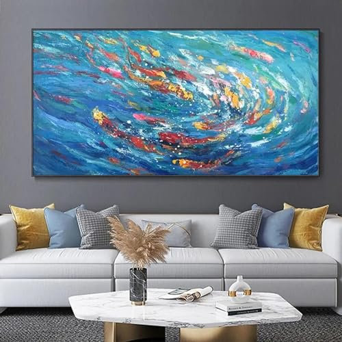 ZHUOYA Blaues Meer, Meereslandschaft, Ölgemälde auf Leinwand, Fisch, bunte Welle, Rhein, blaue Textur, Gemälde, Wandkunst, Gemälde, Dekoration, 55 x 110 cm, rahmenlos