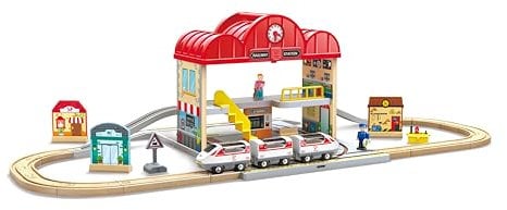 Hape Tragbares Bahnhof-Set aus Holz, Züge für Kinder, Schienen, Bahnhof und Figuren, leicht zu tragen