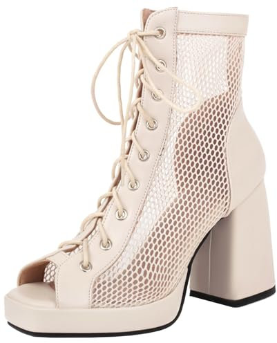 XIEPP Botines de verano para mujer con cordones Botines de malla con tacón grueso, beige, 37 EU