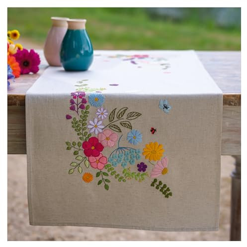 VERVACO Stickpackung Tischläufer Sticken Set Erwachsene Vorgedruckt HEITERES FRÜHJAHR Stickläufer zum Selbersticken Decke Sticken Stickpackung Plattstich ca. 35 x 95 cm Kreatives Geschenk