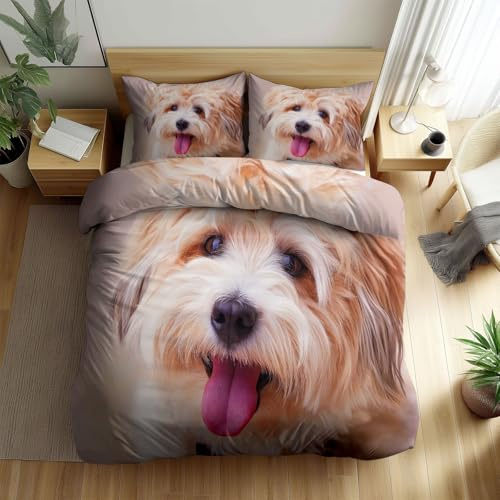 Srigzcaly Tier Havaneser Hund Kinder Bettwäsche 135x200 cm, Mikrofaser Bettwäsche-Set für Jungen Mädchen, Atmungsaktiv Luxuriöser Weicher Cremefarben Bettbezug mit Reißverschluss und Kissenbezug