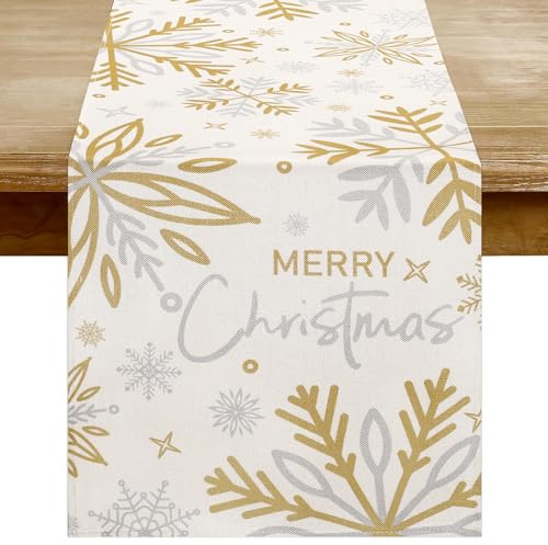 Tischläufer Weihnachten 40 x 140 cm, Tischdecke Weihnachten Beige mit Grau-goldenen Schneeflocken und Sterne Muster, Waschbar Elegante Weihnachtstisch Deko für Weihnachtsfeiern Küche Wohnzimmer