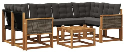 vidaXL Outdoor-Sofagarnitur mit Kissen 7 pcs Natürlich und Schwarz, Moderne Garten-Sofa-Garnitur, Robustes Akazienholz, Bequeme Terrasse, stilvolle Couch zum Entspannen