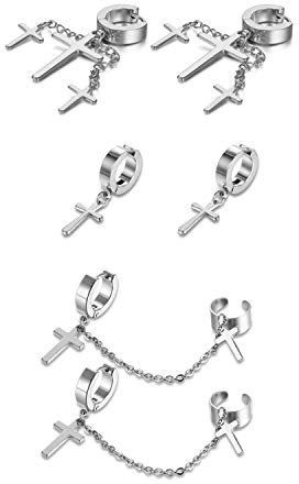 Aroncent Herren Damen Kreuz Ohrring: 3 Paar Kreuz Kette Creolen Set Edelstahl Ohrringe Ohrhänger Ohrklemme Ohr Piercing für Herren Damen, Silber