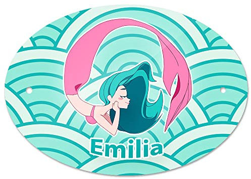 Eurofoto Türschild mit Namen Emilia und Meerjungfrau-Motiv in Türkis für Mädchen | Kinderzimmer-Schild