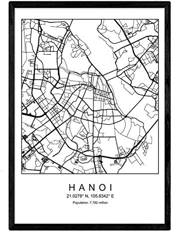 Carte nacique de la carte de la ville de style Nordic Hanoi en noir et blanc. Affiche A4 encadrée de papier imprimé de cadre noir 250 gr. Photos, draps et affiches pour salon et chambre à coucher