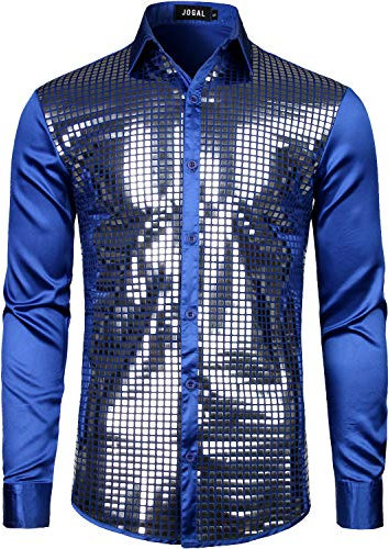 JOGAL Herren Pailletten Hemd 70er Langarm Disco Party Kostüm X-Large Königsblau