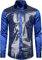 JOGAL Herren Pailletten Hemd 70er Langarm Disco Party Kostüm X-Large Königsblau