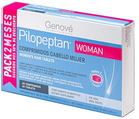 Pilopeptan Woman Comprimidos - Anticaída Capilar Mujer - Cabello y Uñas - Potencia el Crecimiento, Formación de Queratina - Regeneración Capilar y Protege el Cuero Cabelludo - 60 Comprimidos