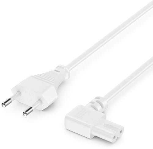 deleyCON 3m Cable de Alimentación - Enchufe Tipo c a C7 90° en Ángulo - Euro 8 Cable para TV, BLU-Ray, Receptor de DVD, Electrodomésticos, Fuentes de Alimentación - Blanco