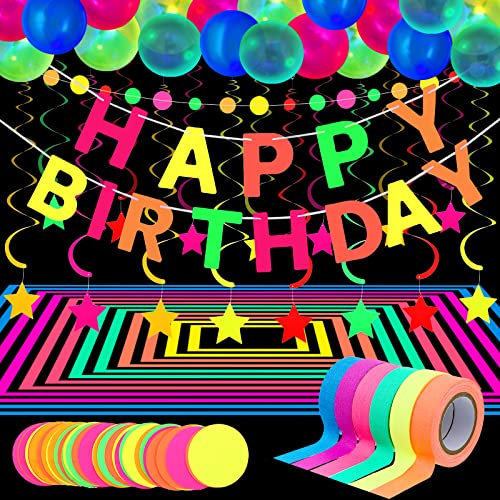 Partyzubehör, Neonlicht, 2 Punktgirlande, Kreis, aus Papier, Neon-Banner, Happy Birthday, 10 Dekoration, Wirbel, hängend, Stern, 25 Luftballons, 6 Leuchtbänder