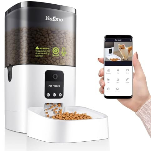 Balimo Futterautomat Katze mit HD 1080P Video, 2,4 G WLAN Katzenfutter Automat mit APP Steuerung und Nachtsicht, 4L futterspender Katze, Katzen Futterautomaten mit Edelstahlnapf, 8 Mahlzeiten pro Tag
