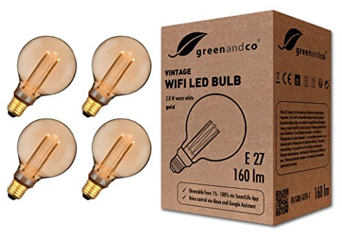 greenandco 4x Smart WiFi Vintage Design LED Lampe | E27 G95 | 3,8W 160lm | 1800K | 320° | 230V | flimmerfrei | dimmbar | kompatibel mit Alexa und Google Assistant | WLAN (ohne Hub)