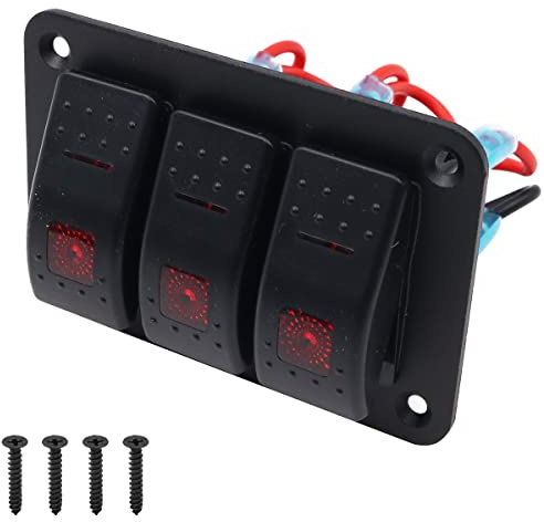 Aluminio- 12v / 24v Panel de control Interruptor de ENCENDIDO/APAGADO de 3 posiciones Panel de interruptor basculante impermeable con luz LED roja para automóvil RV Caravanas Remolques Barco