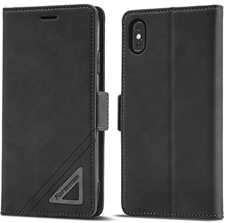LOLFZ Case for iPhone X/iPhone XS, Vintage Flip Folio Leather Wallet Case Card Slots Kickstand Magnetic Closure Shockproof Protective Cover for iPhone X/XS - Black