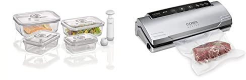 CASO VacuBoxx E-Set - 4 extrem stabile eckige Vakuumbehälter & VC10 Vakuumierer - Vakuumiergerät, Lebensmittel bleiben vakuumiert bis zu 8x länger frisch, 30cm lange & stabile Schweißnaht