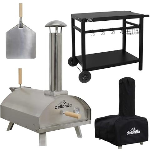 Dellonda Portable Wood-Fired Stainless Steel Pizza Oven with Cover/Carry Bag and Trolley - DG259