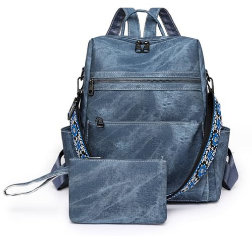 Eshow Damen Rucksack Klein, Eleganter Schulrucksack Geldbeutel Set 2 in 1, Moderner Rucksack, Anti Diebstahl Schultertasche zum Alltag Reise Schule Freizeit Einkaufen,Große Kapazität, Blau